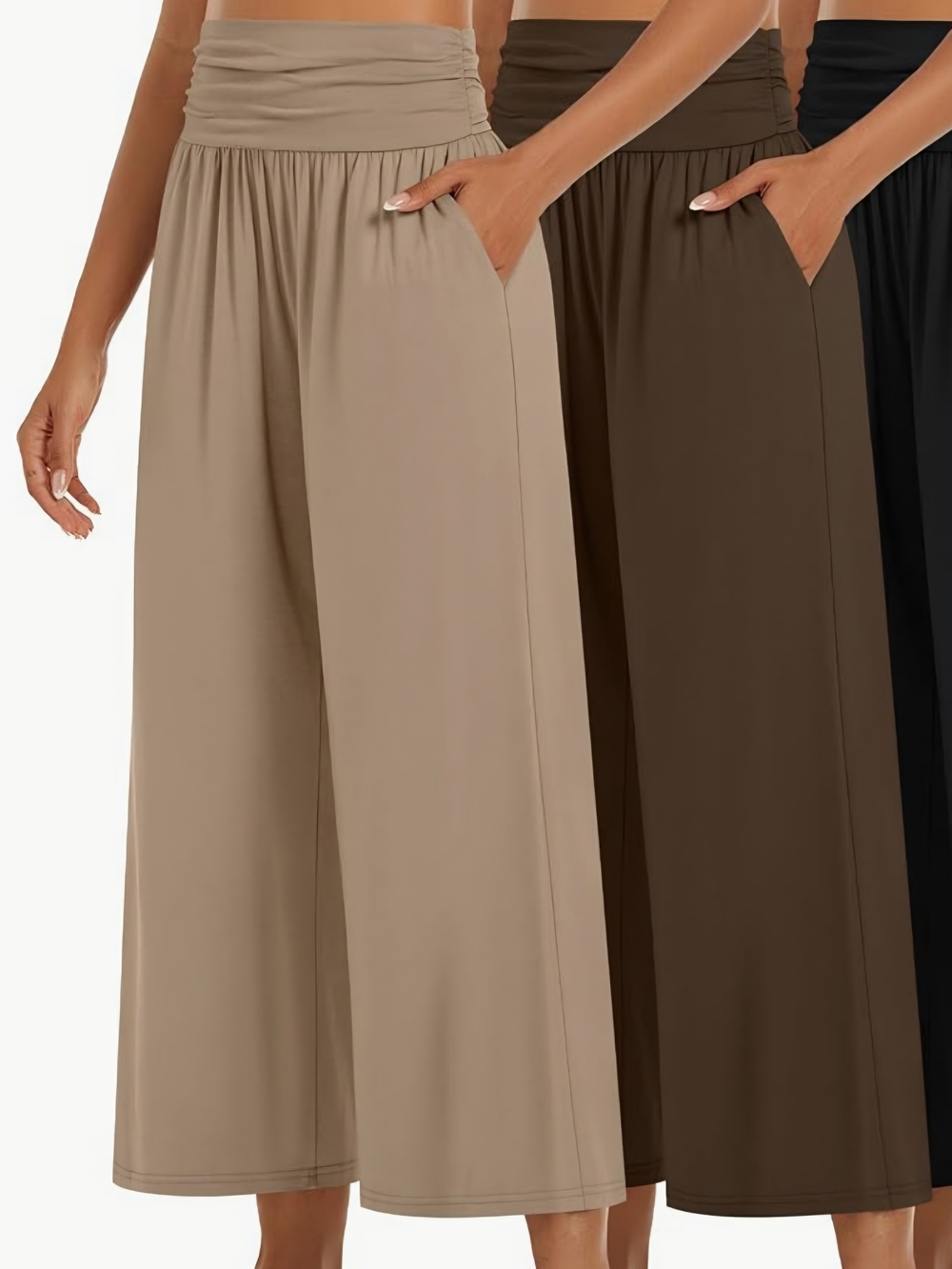 Huukeay 2 Pair Women's Wide Leg Capri Pants Cropped Trouser Size Medium